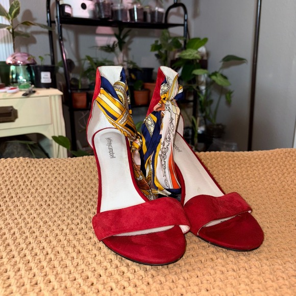 Anthropologie Jeffrey Campbell Red Suede Heels w Scarf Ankle Strap Women's 11 - Picture 1 of 7